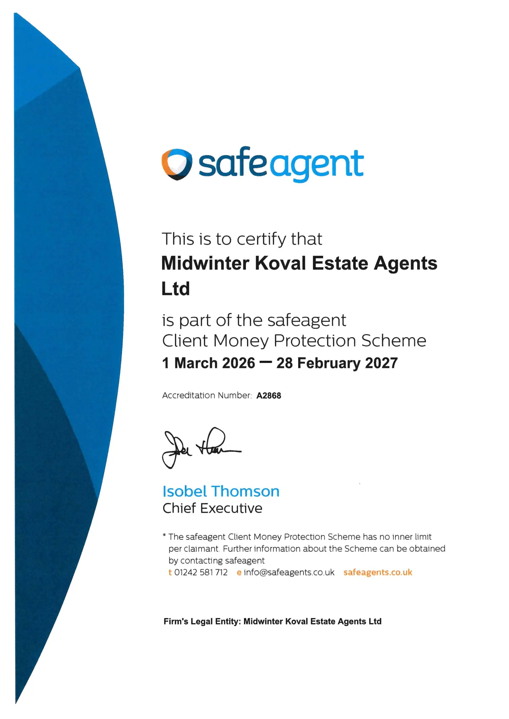 Safe Agent Client Money Protection Scheme Certificate